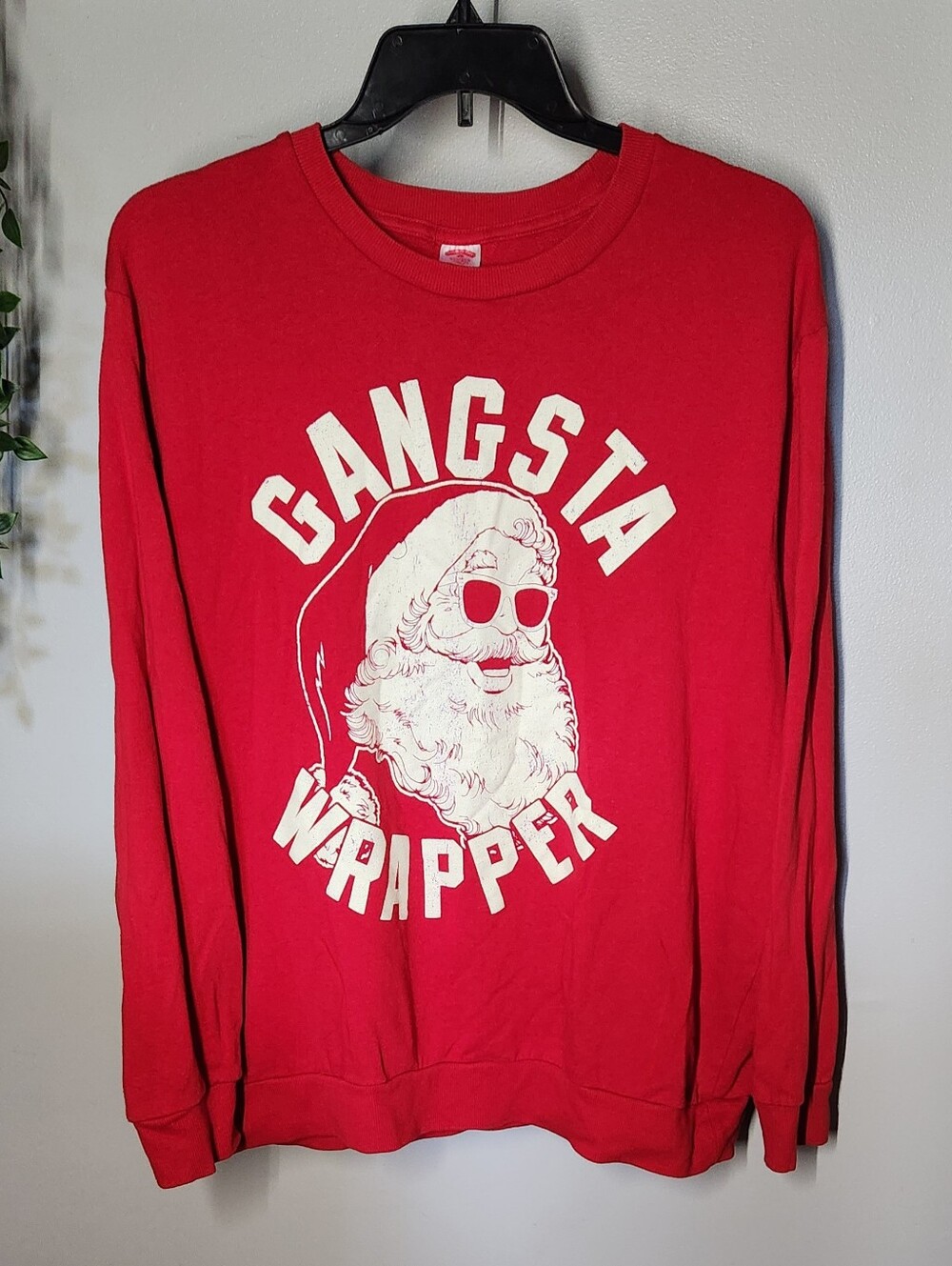 Gangsta Wrapper Santa Holiday  Crewneck Sweatshirt- Red & White Womens 2XL